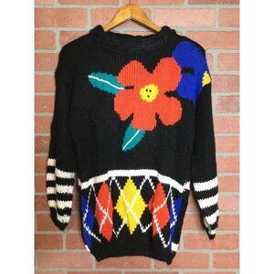 Vintage Colter Bay 1989 Floral & Argyle Sweater 3D Knit Chunky 80s 90s Colorful